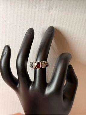 Sterling Silver Garnet Ring with Ornate Band - Size 7